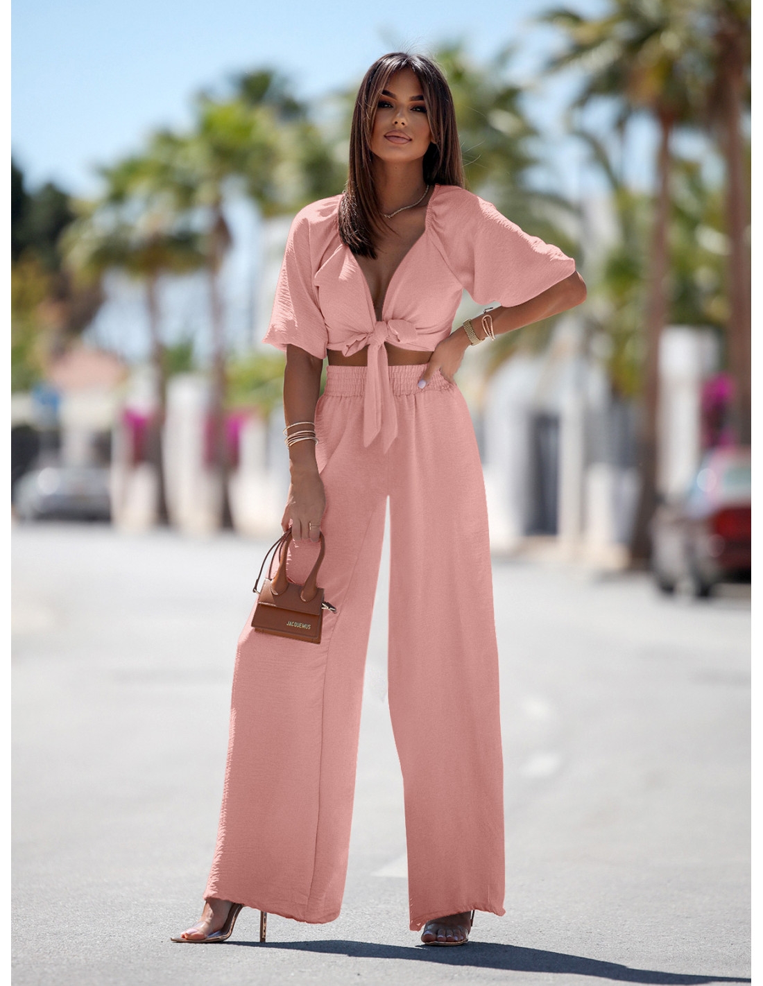Komplet top wiązany i spodnie SORRENTO - pudrowy róż