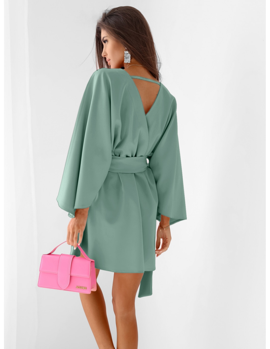 WP sukienka mini z przekładanym dekoltem - szałwiowa