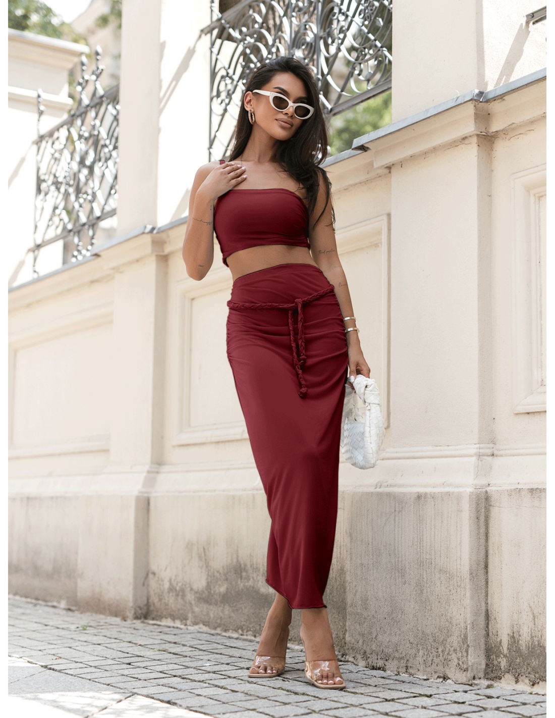Komplet 2w1 crop top z długą spódnicą ERIA – bordowy