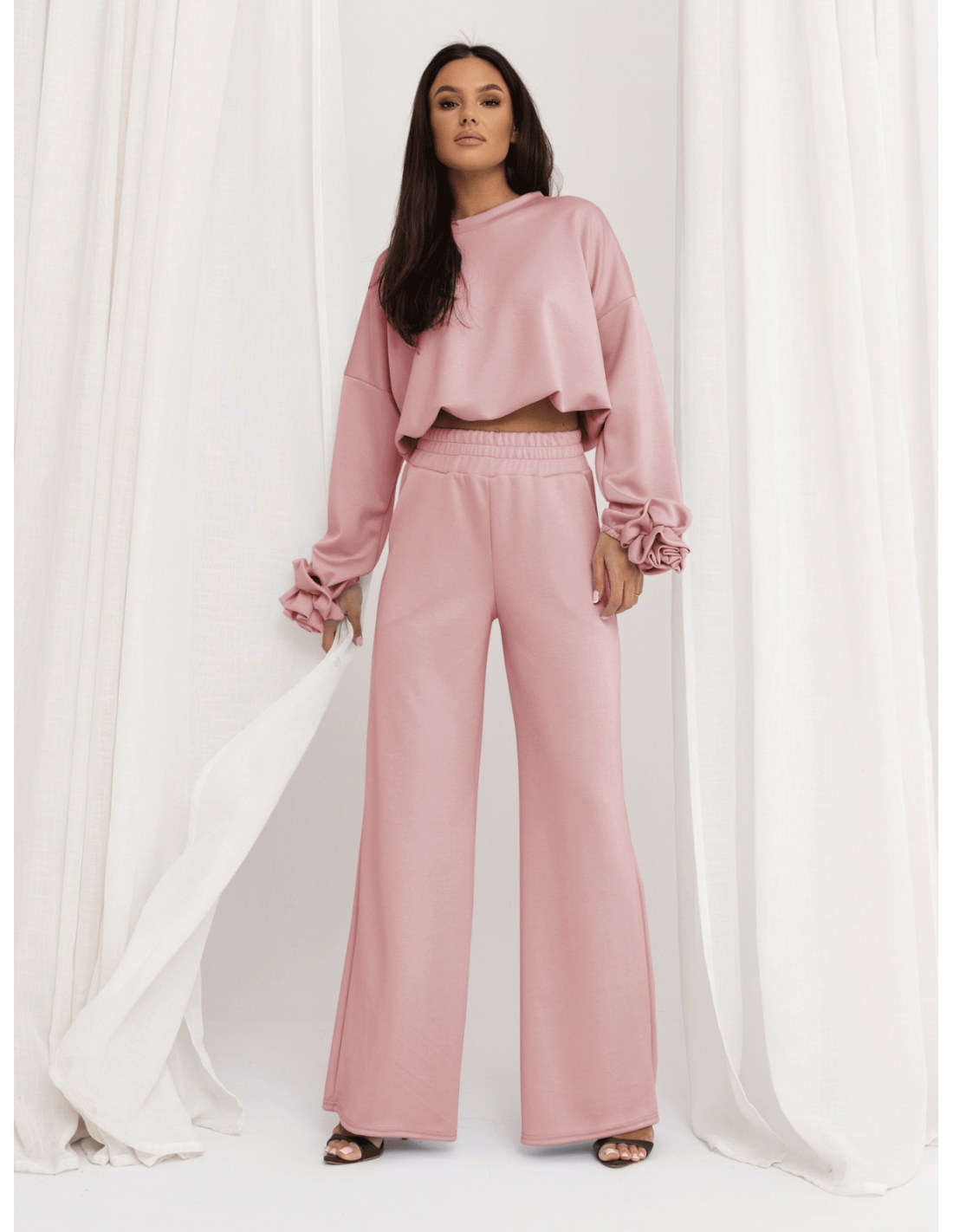 Masełkowy komplet z szerokimi spodniami POSY - pudrowy róż