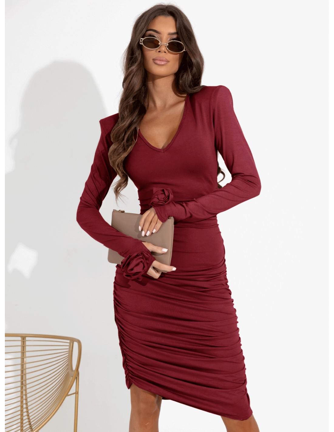 Marszczona sukienka midi z wiskozy GALATEA - bordowa