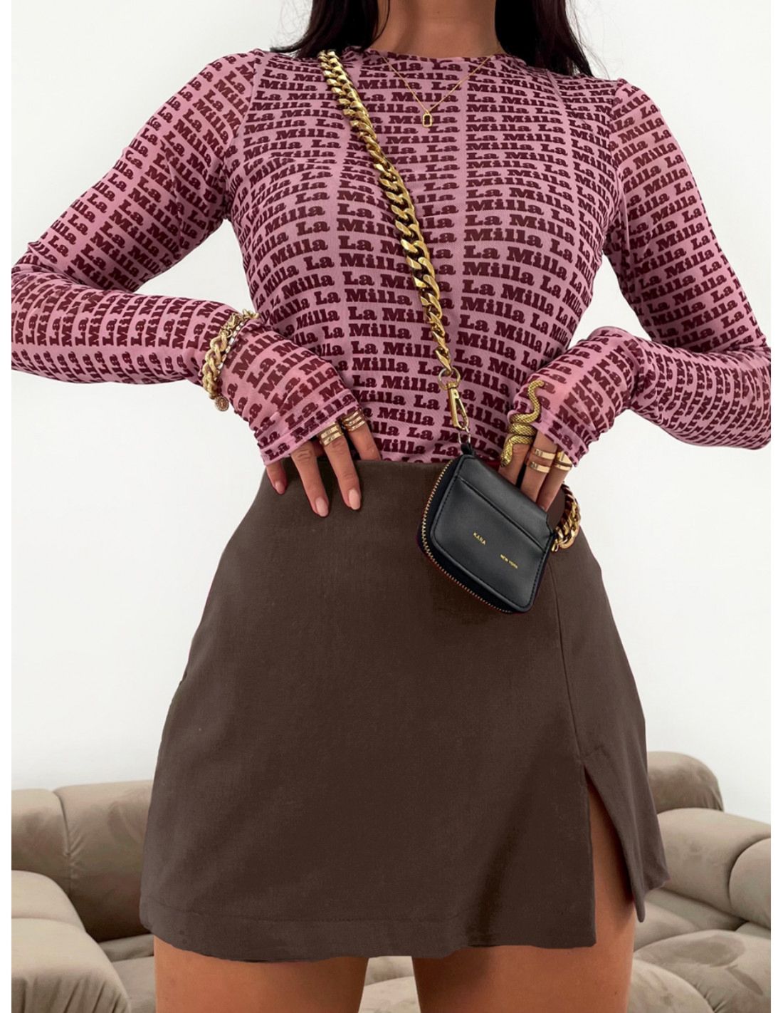 Eleganckie spódnico-spodenki z rozporkiem KAORI - brązowe