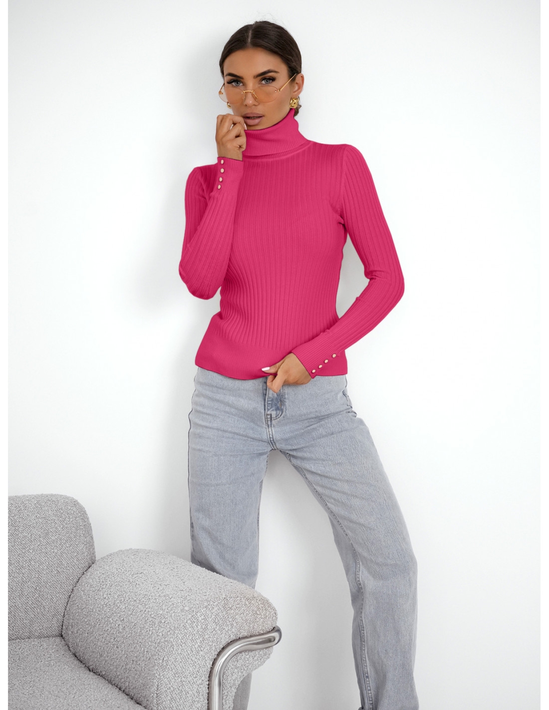 Prążkowany sweter golf z wiskozą TORIA - fuksjowy