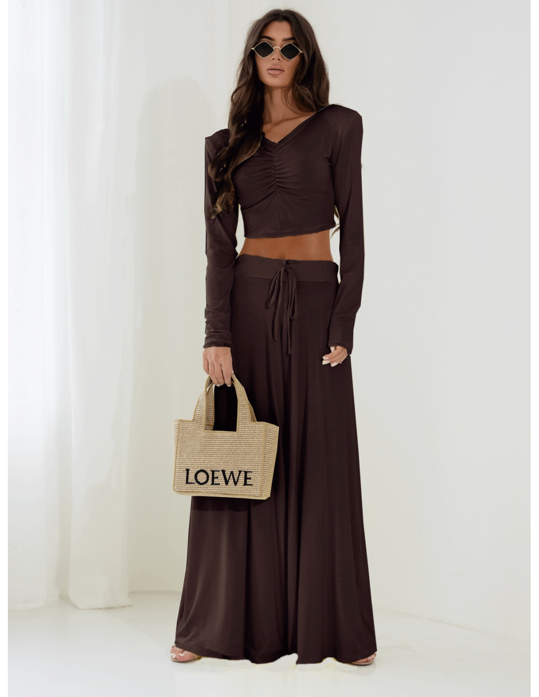 Komplet bluzka i spodnie z wiskozy THORA - czekoladowy