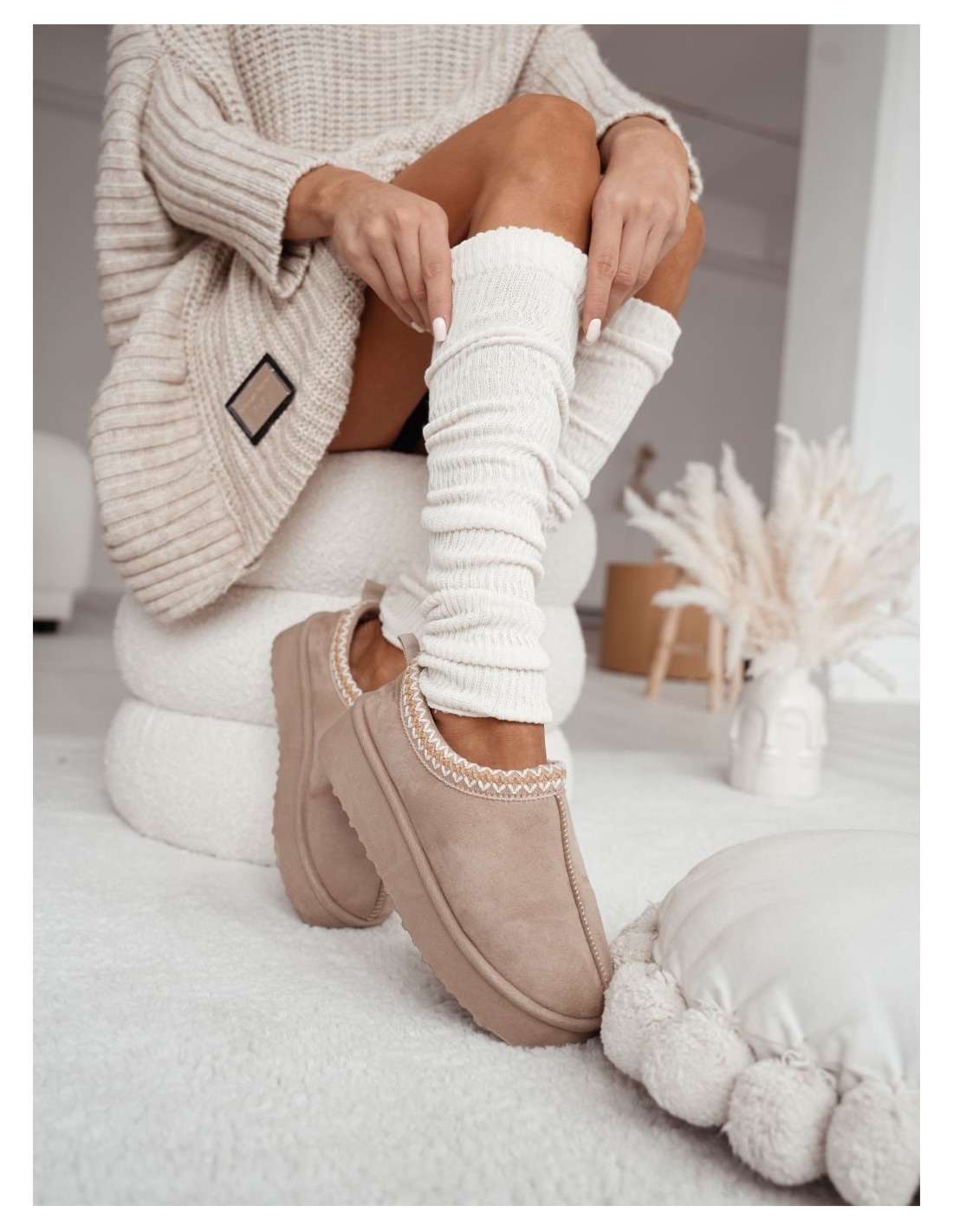 Getry ocieplacze bawełniane w prążek - ecru