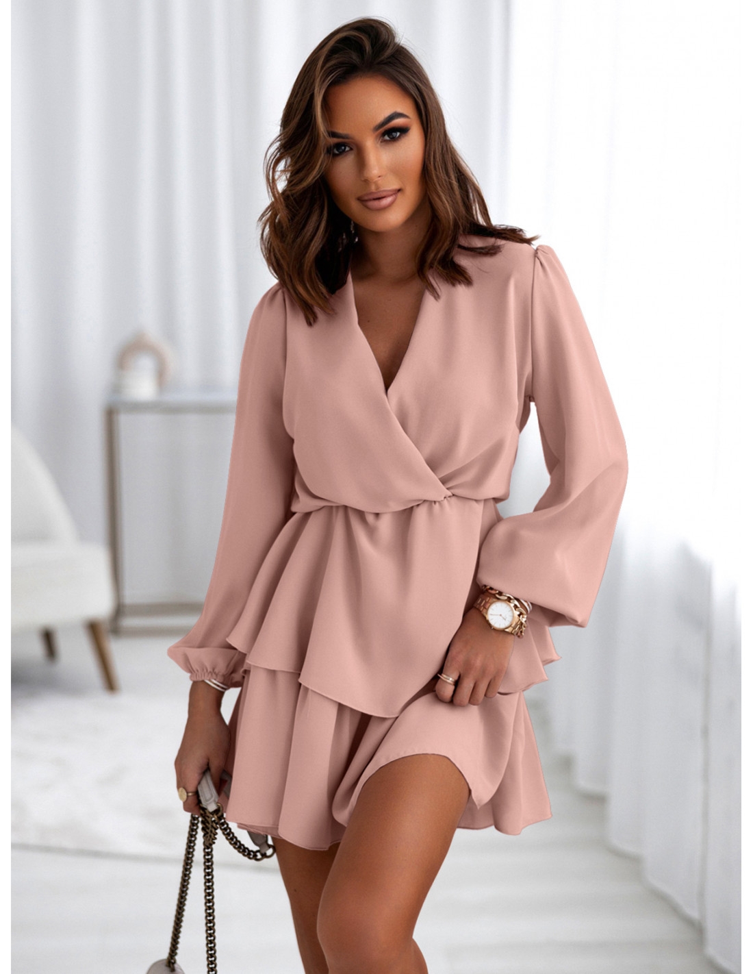 Rozkloszowana sukienka z podwójną falbaną DALIA - brudny róż