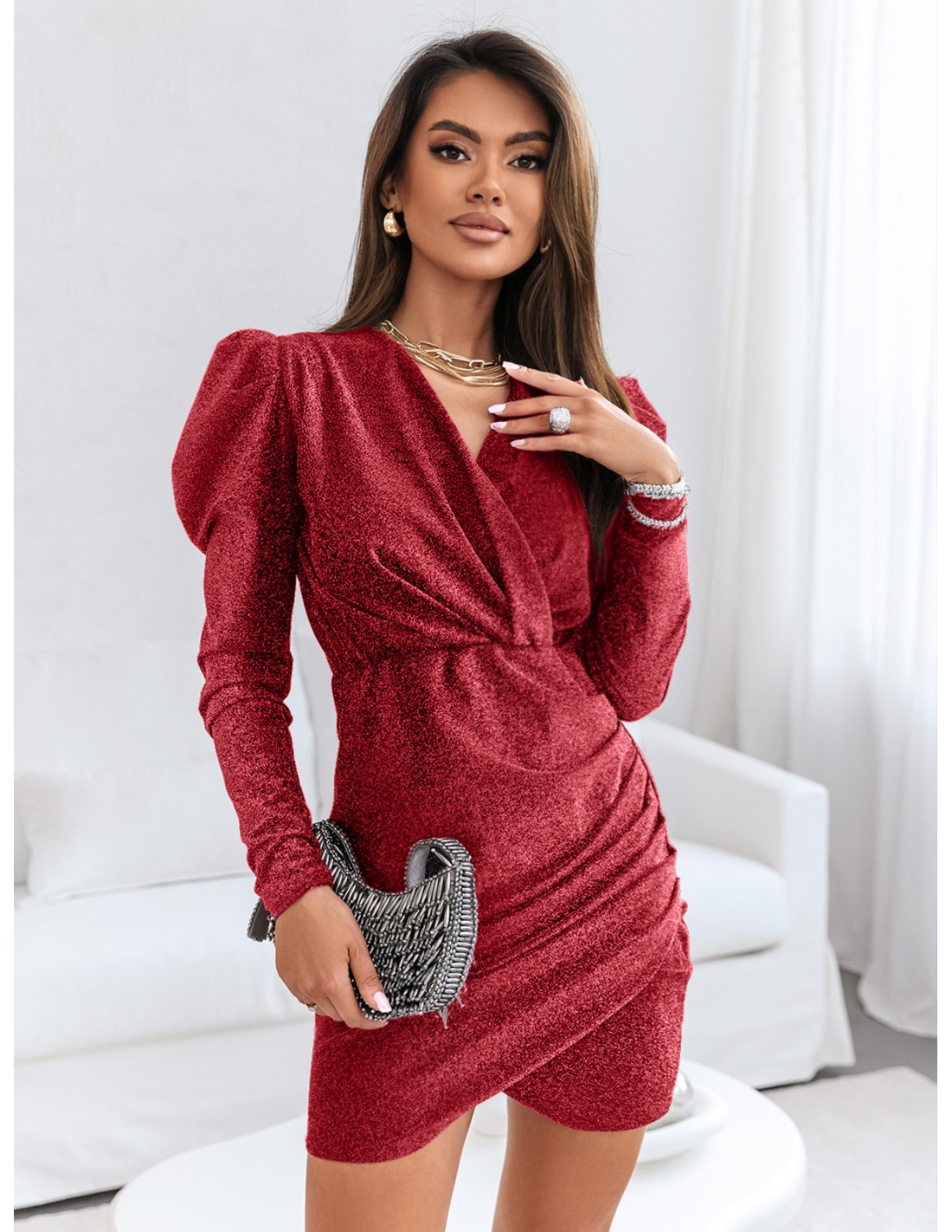 Brokatowa sukienka z kopertowym dekoltem ZAKIA -czerwona