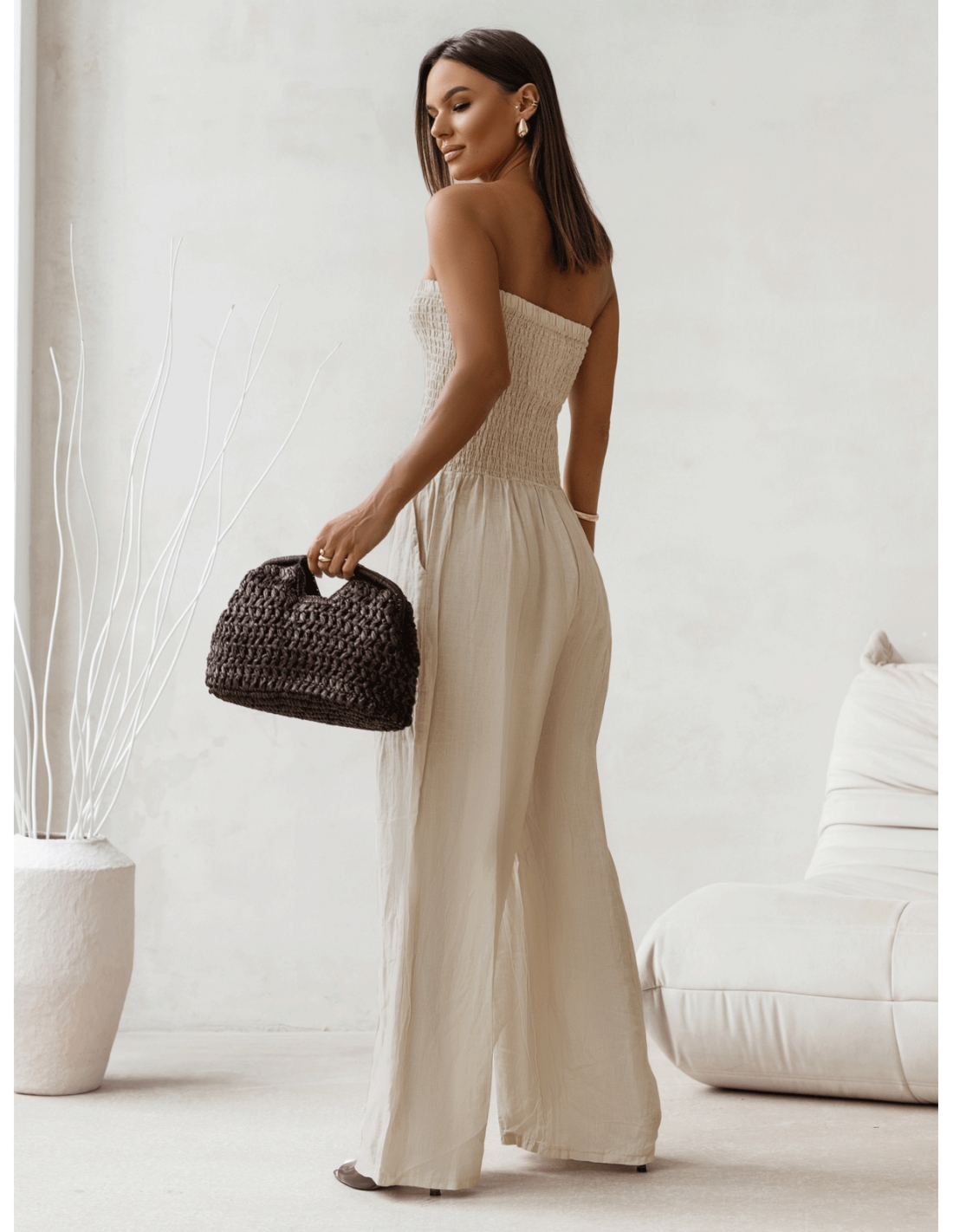 Lniany kombinezon z szerokimi nogawkami MALIA - beżowy