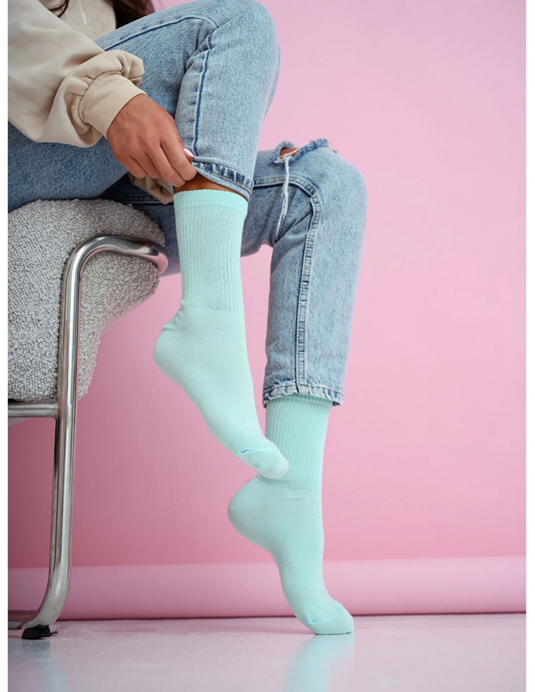 Skarpetki damskie gładkie w prążek - miętowe