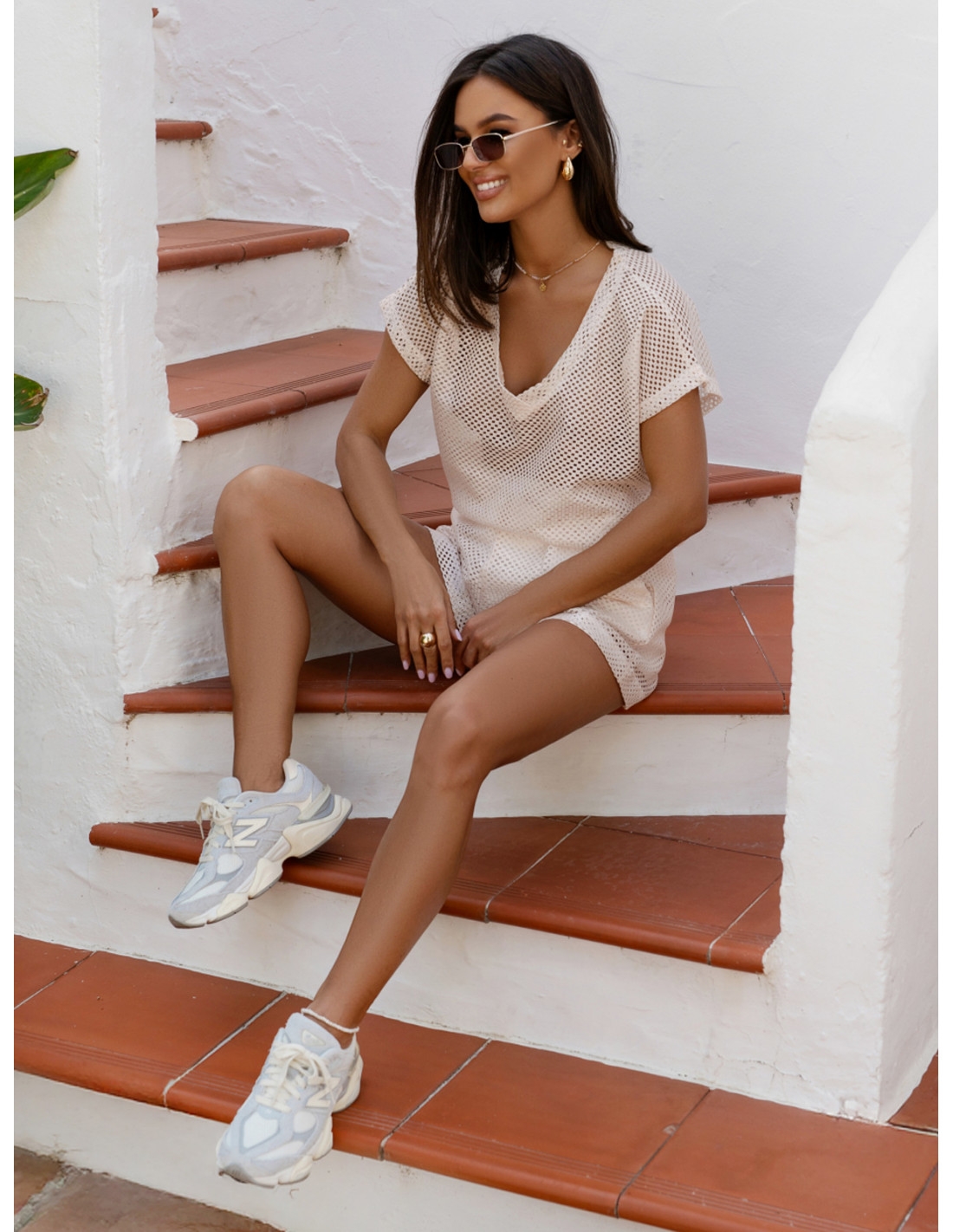 Ażurowy komplet bluzka i spodenki NEGRO - beżowy