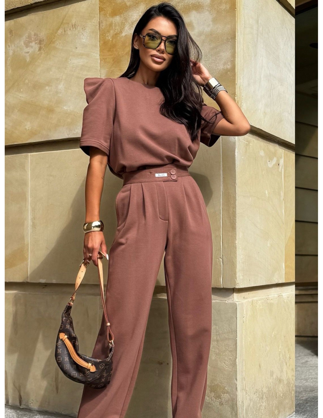 Bawełniany komplet bluzka ze spodniami XANDRA - karmelowy