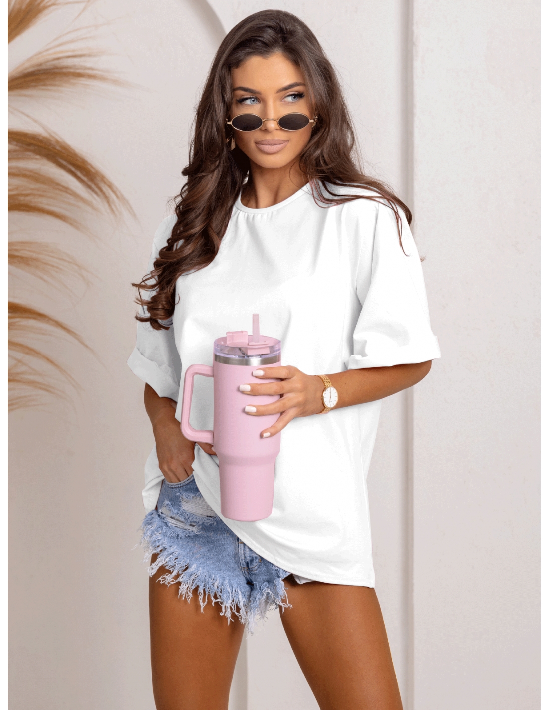 Bawełniany t-shirt oversize z poduszkami VEA - biały