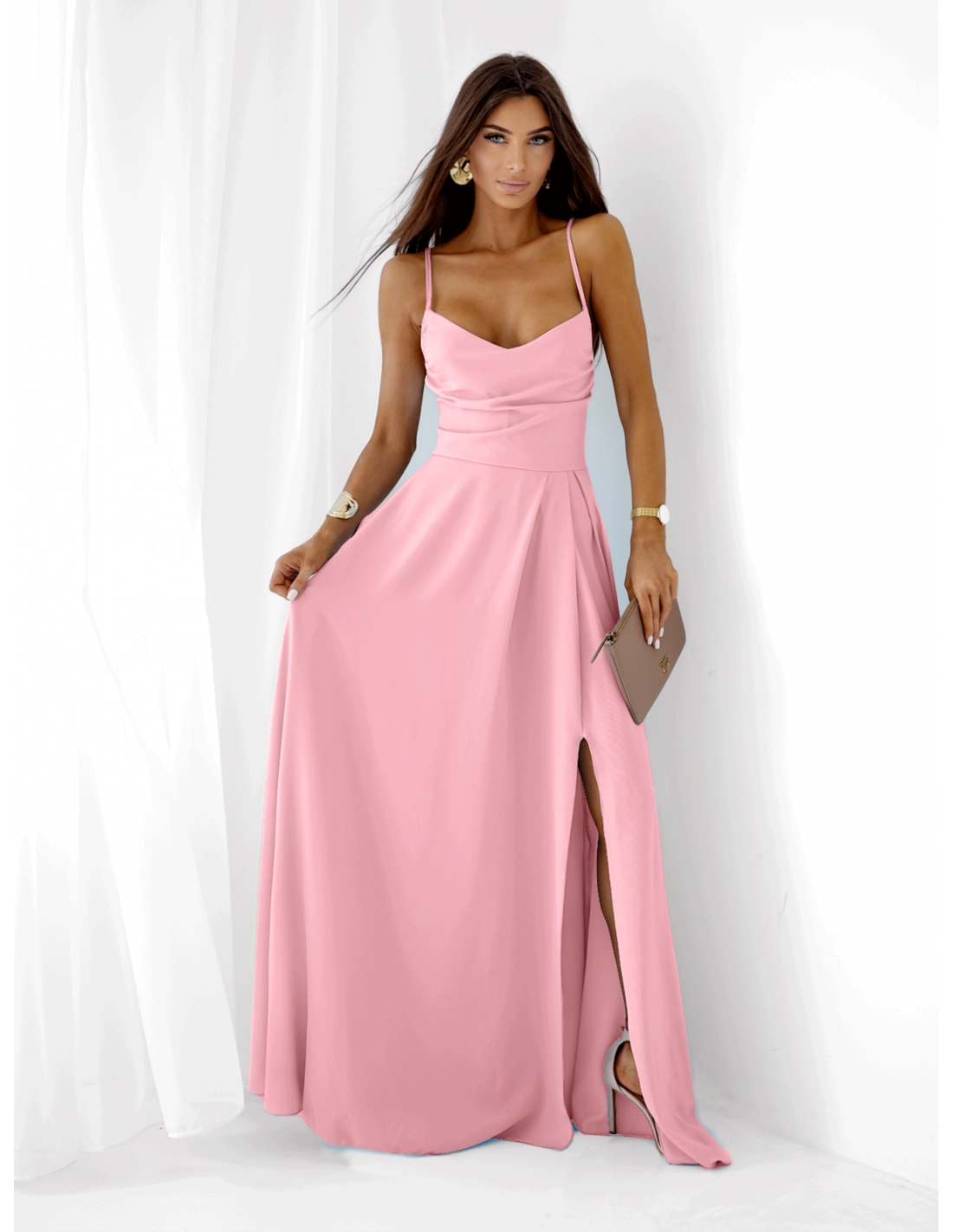 Sukienka maxi na ramiączkach LYANNE - pudrowy róż