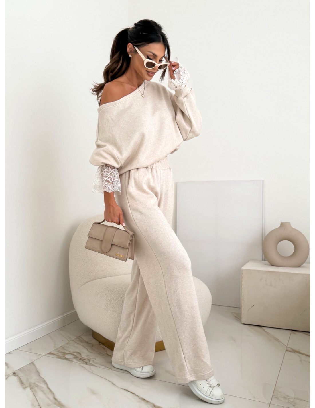 Komplet dzianinowy krótka bluza i spodnie ZURRI - beżowy