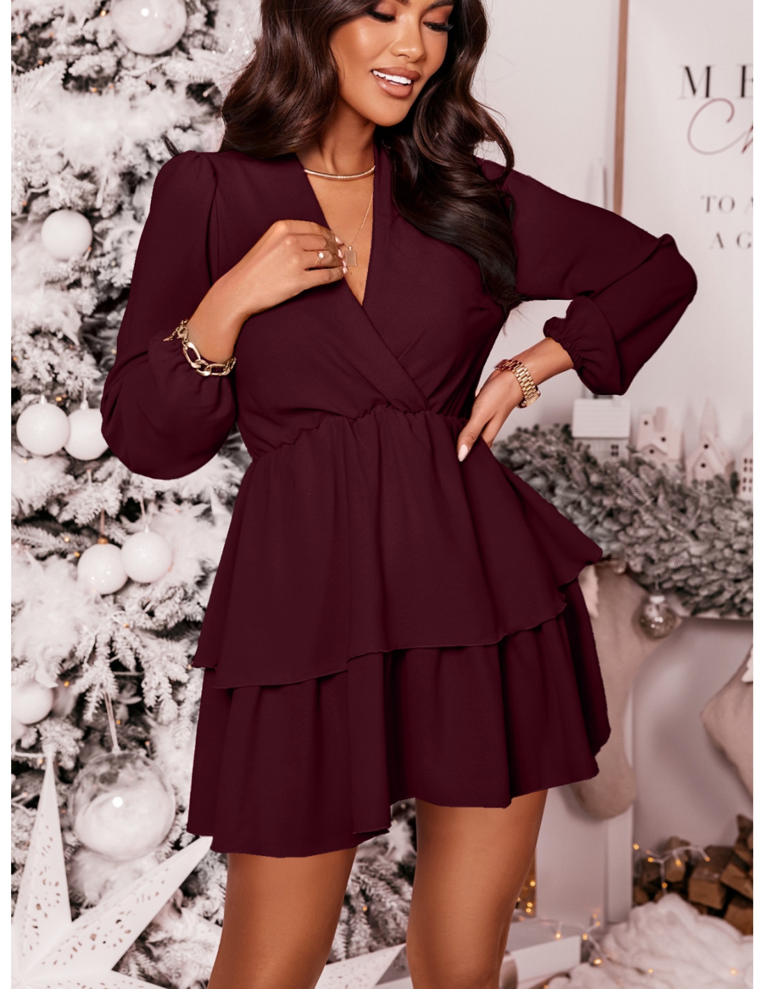 Rozkloszowana sukienka z podwójną falbaną DALIA - bordowa