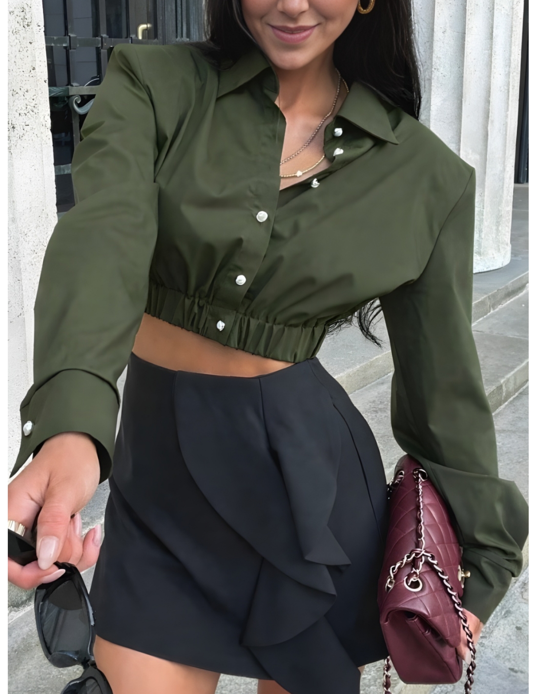 Krótka bawełniana koszula z mankietami ASURIA - butelkowa zieleń