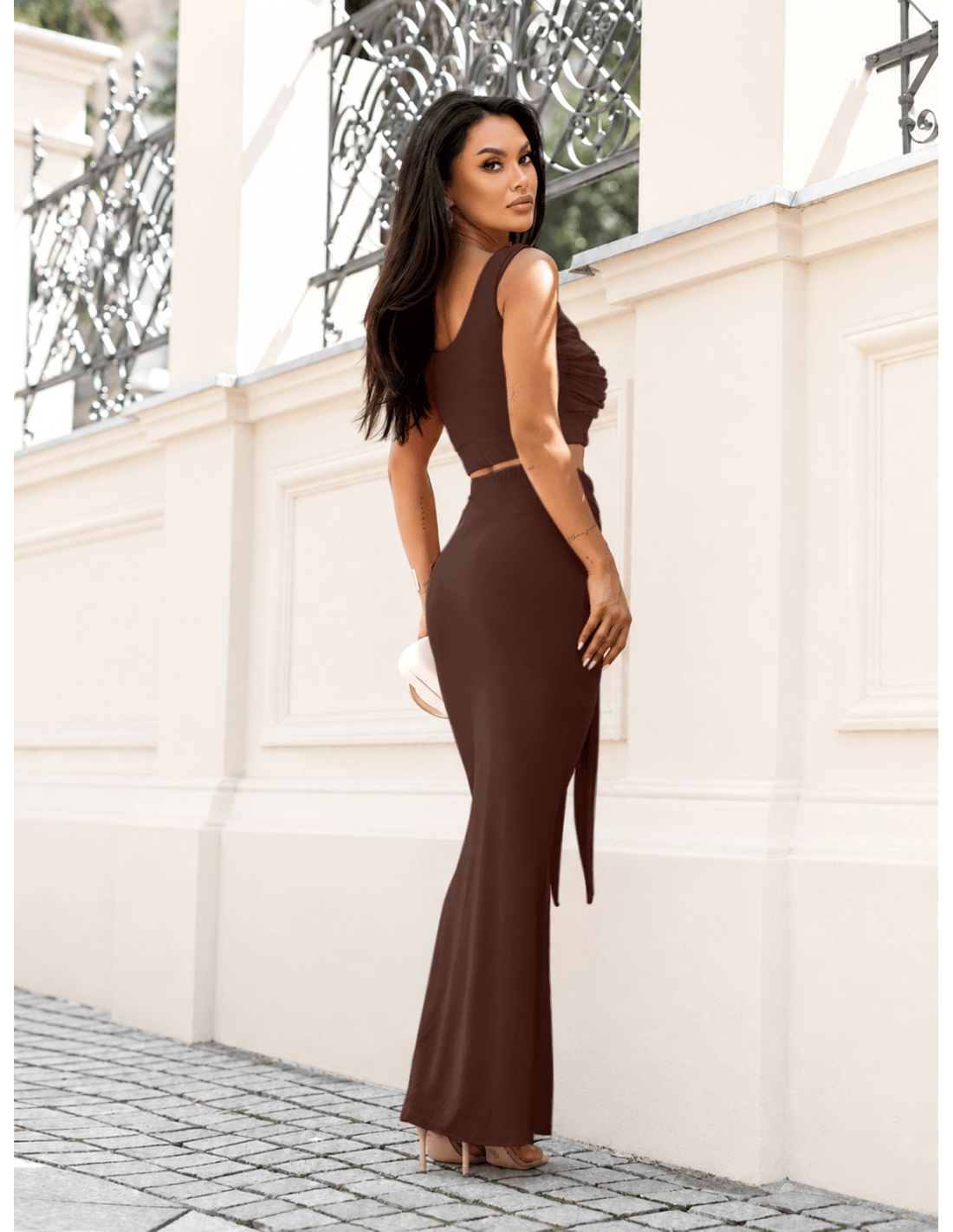 Komplet crop top z maxi spódnicą LUVIA – czekoladowy
