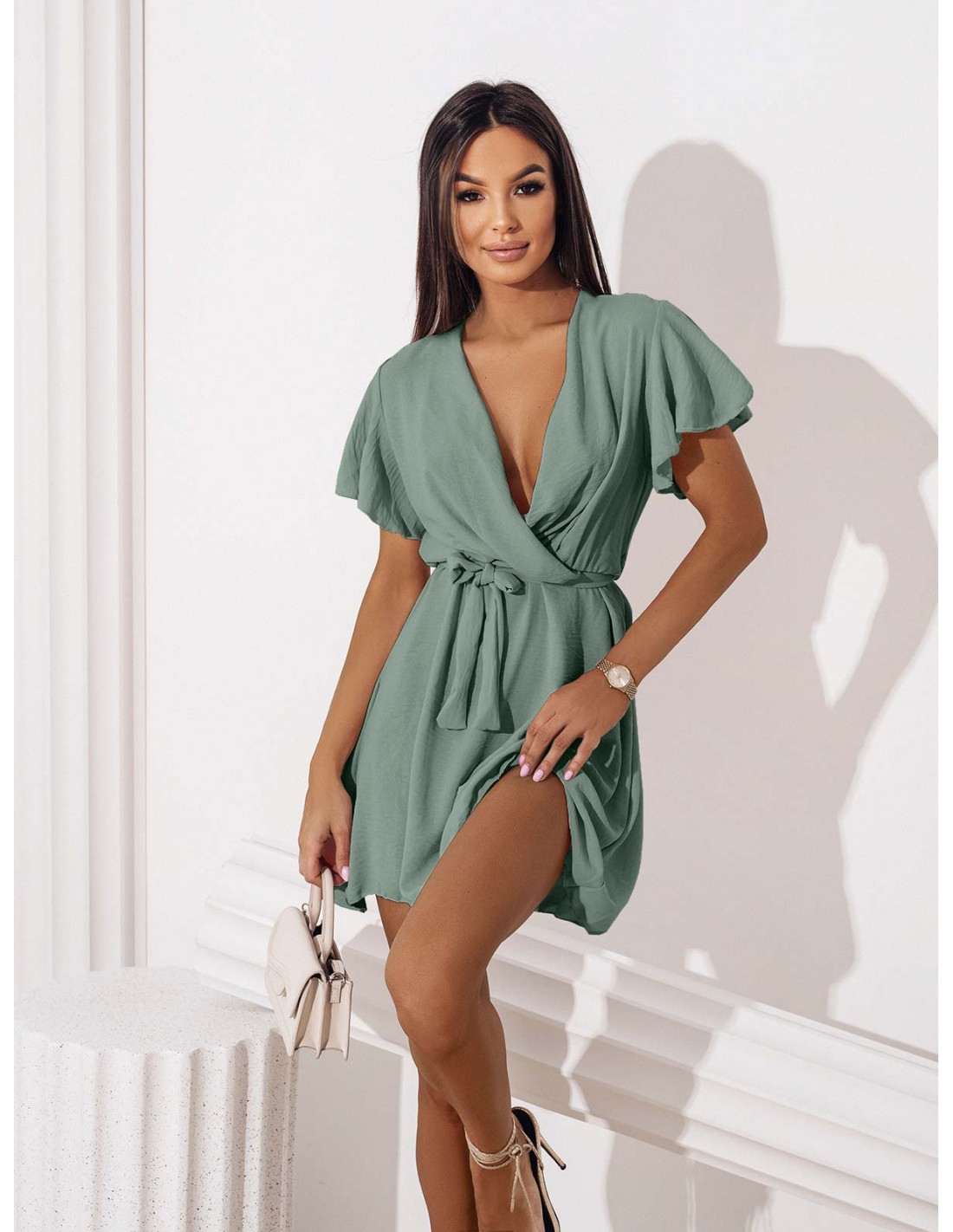 Zwiewna sukienka z kopertowym dekoltem ALICJA - miętowa