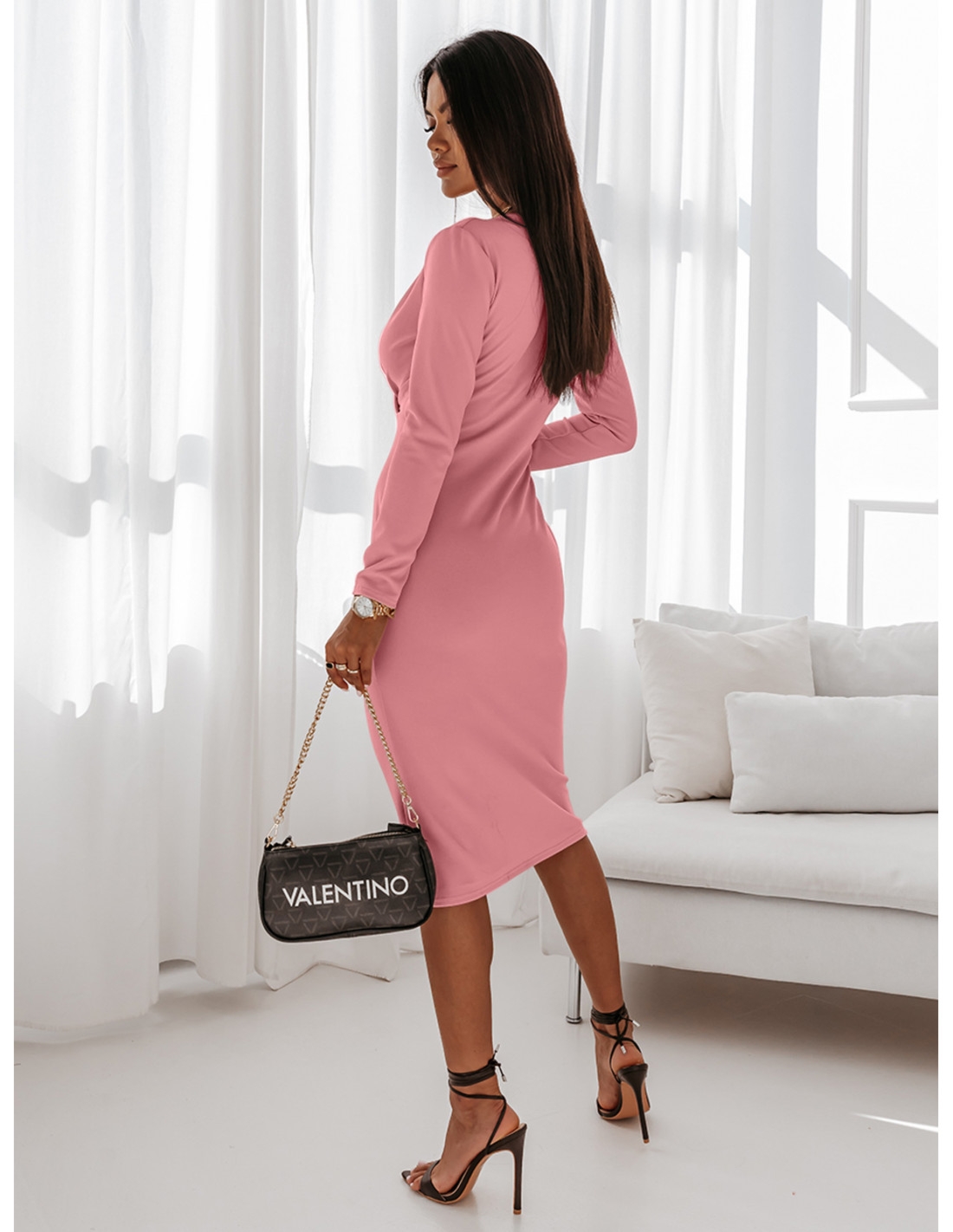 Sukienka midi z kopertowym dekoltem - MAGNIFIC - brudny róż