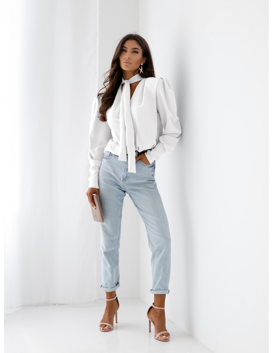 Bluzka koszulowa z wiązaniem FENZA - biała