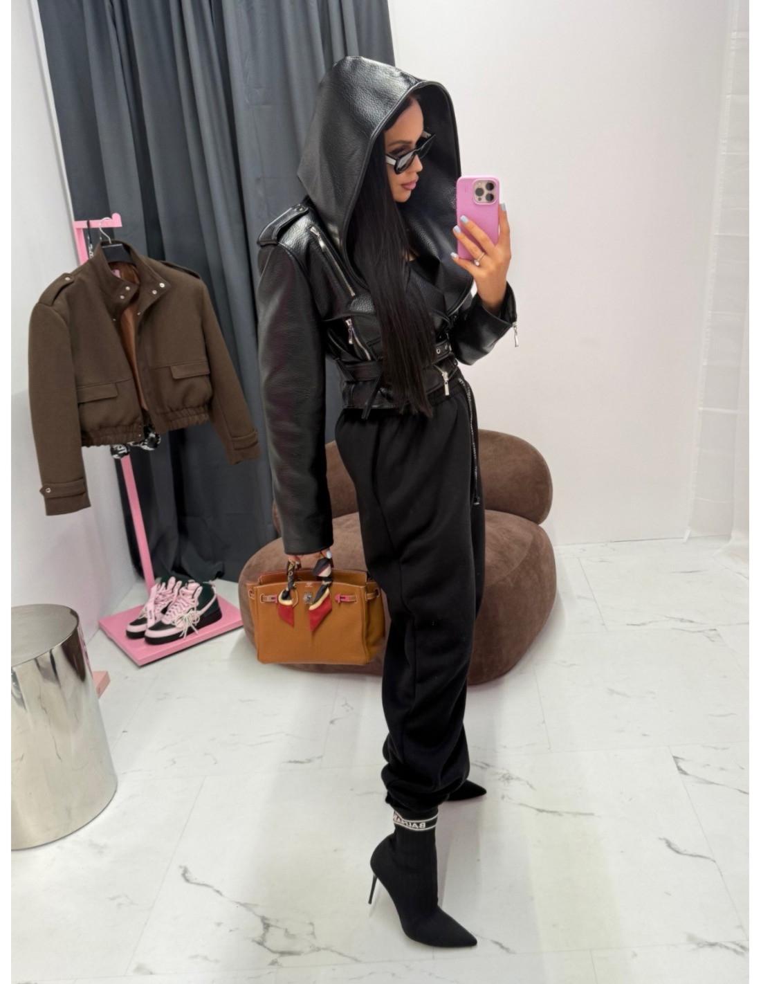 Krótka kurtka ramoneska z eko-skóry TINSA - czarna