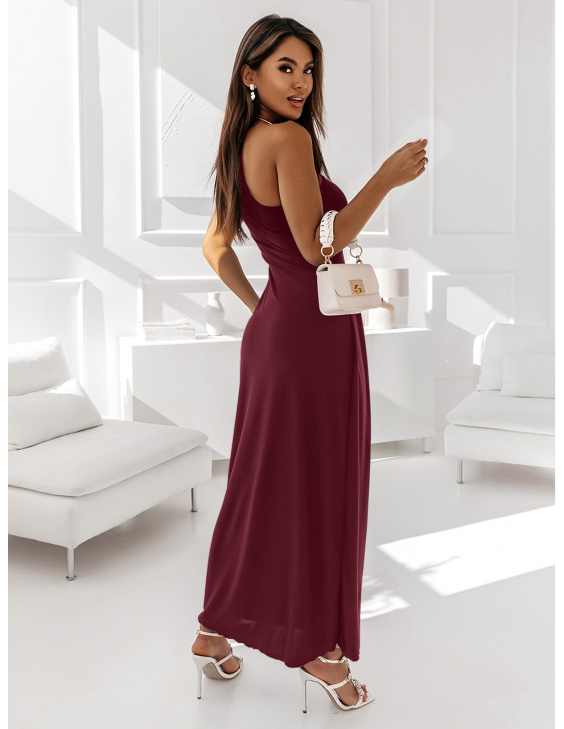 Sukienka maxi na jedno ramię BLANKA - bordowa