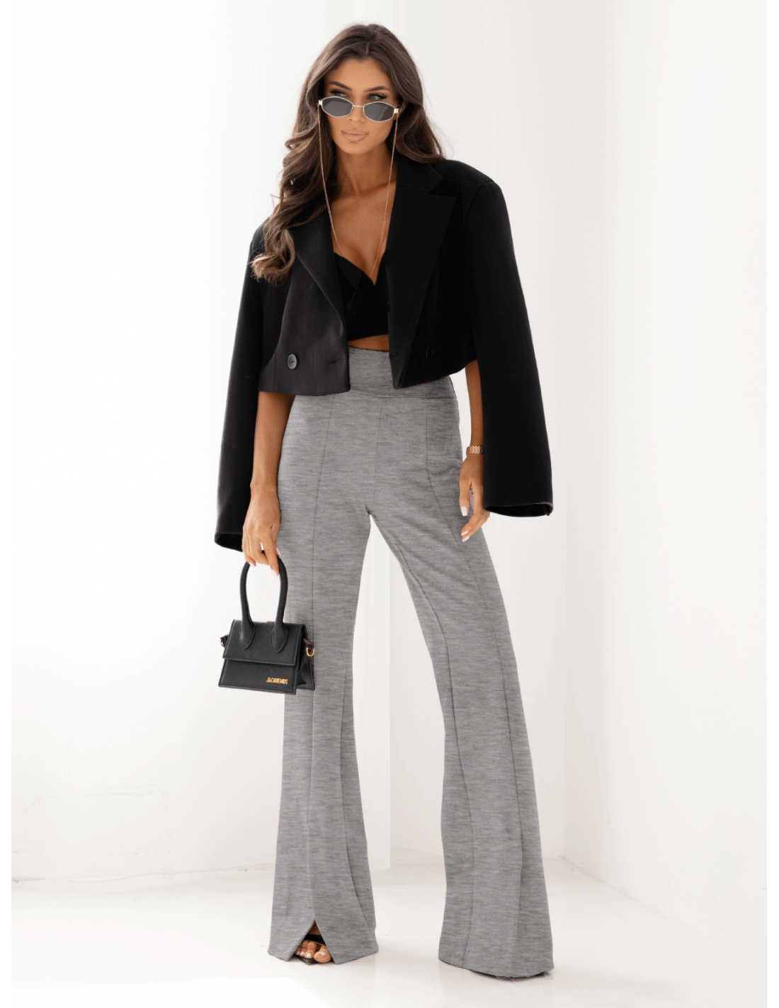 Dopasowane spodnie dzwony z rozporkiem TAYTUM - szary melanż