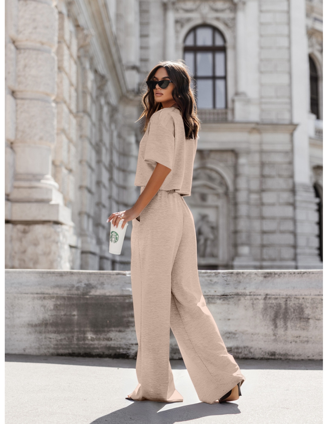 Masełkowy komplet bluzka i szerokie spodnie ATRIA - kość słoniowa