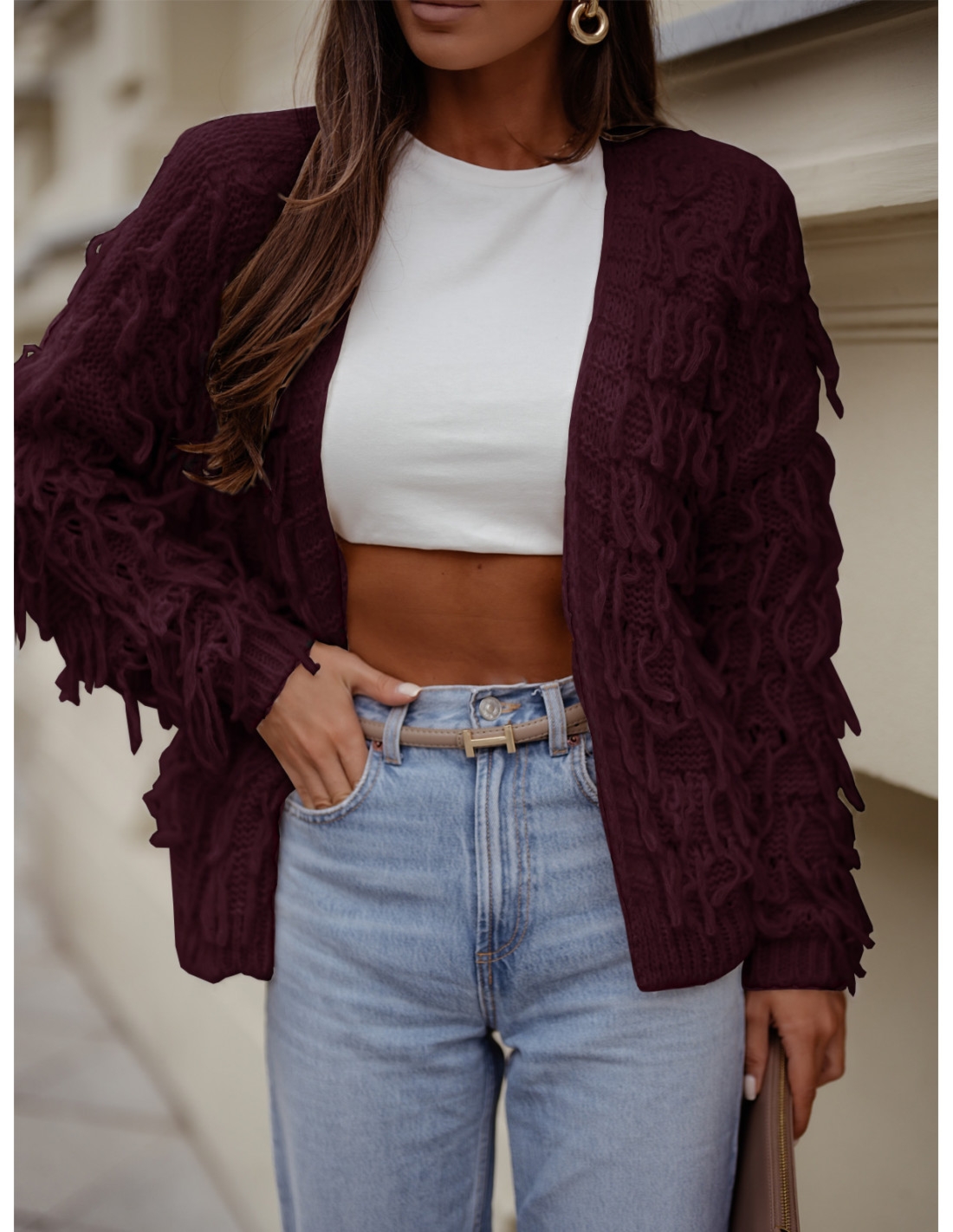 Sweter kardigan z frędzlami DOANIE - bordowy