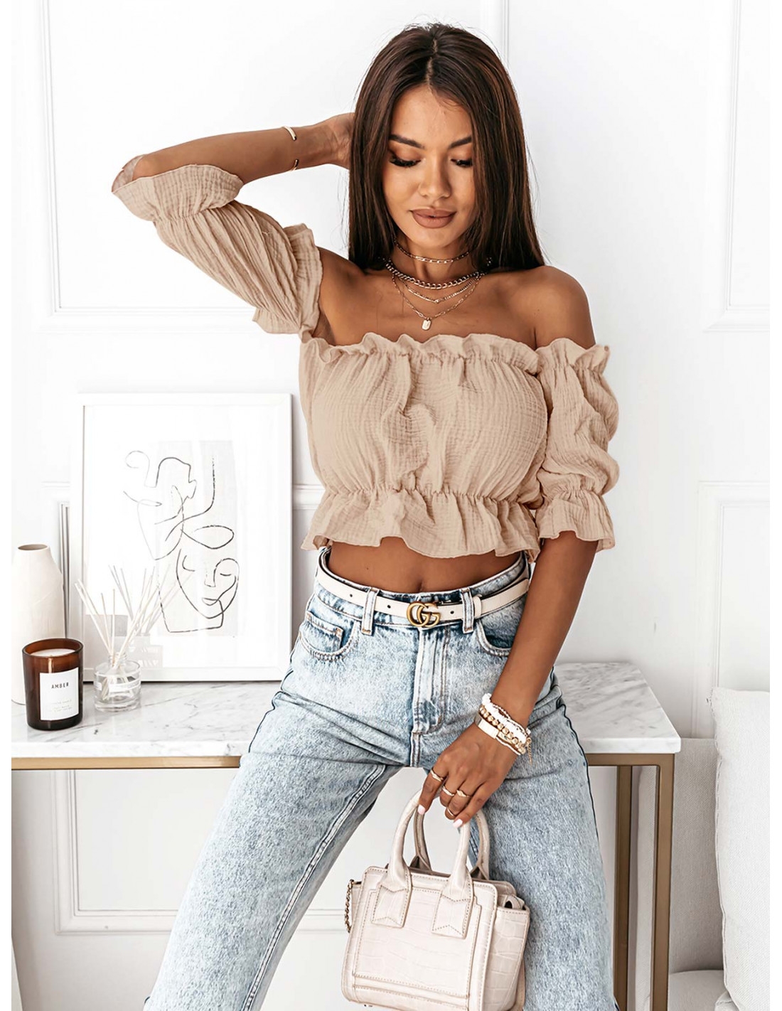 Muślinowa bluzka hiszpanka LORITA - beżowa