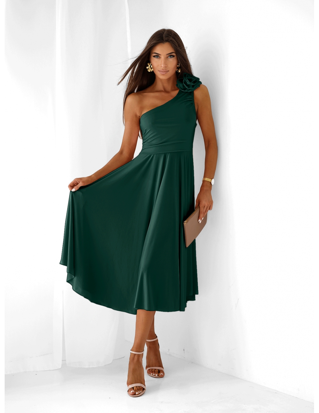 Sukienka midi na jedno ramię AMIREA - butelkowa zieleń