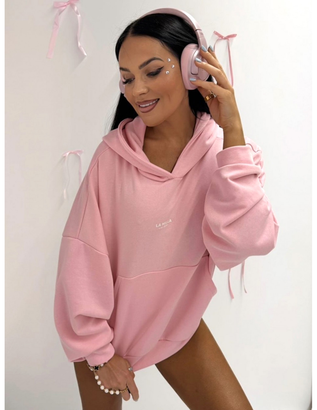 Bawełniana bluza dresowa z kapturem SARONA - pudrowy róż