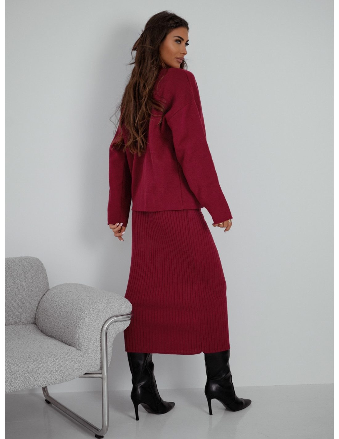 Dzianinowy komplet z sukienką midi SHAVON - bordowy