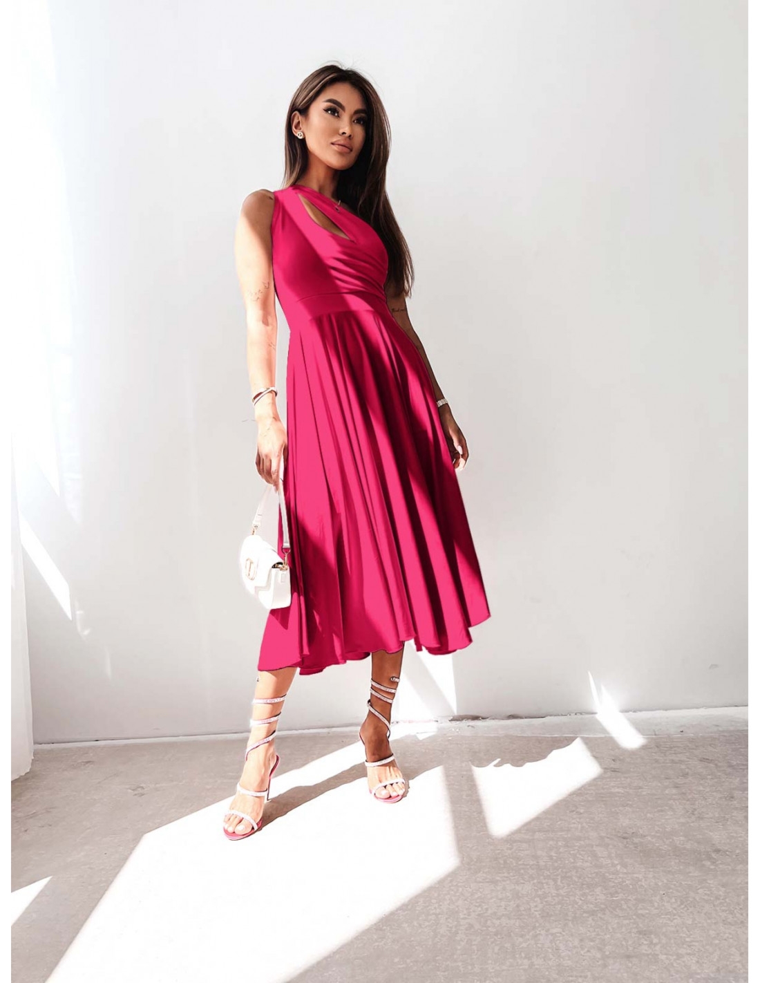 WP Sukienka midi na jedno ramię - fuksjowa