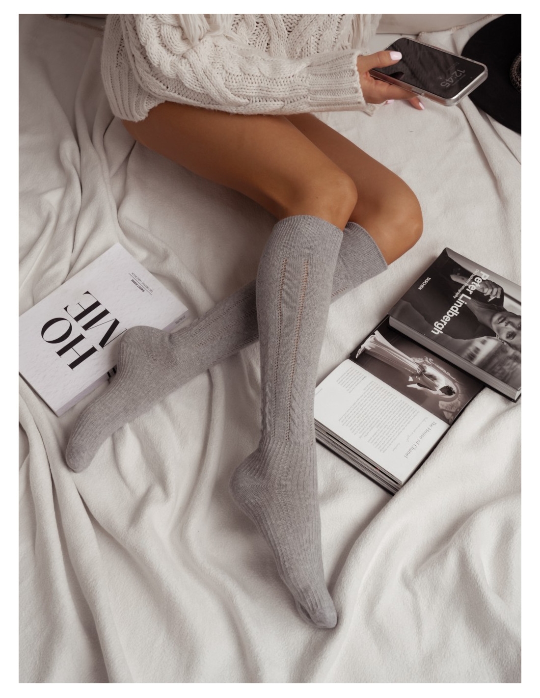 Podkolanówki ażurowe warkocz - szare