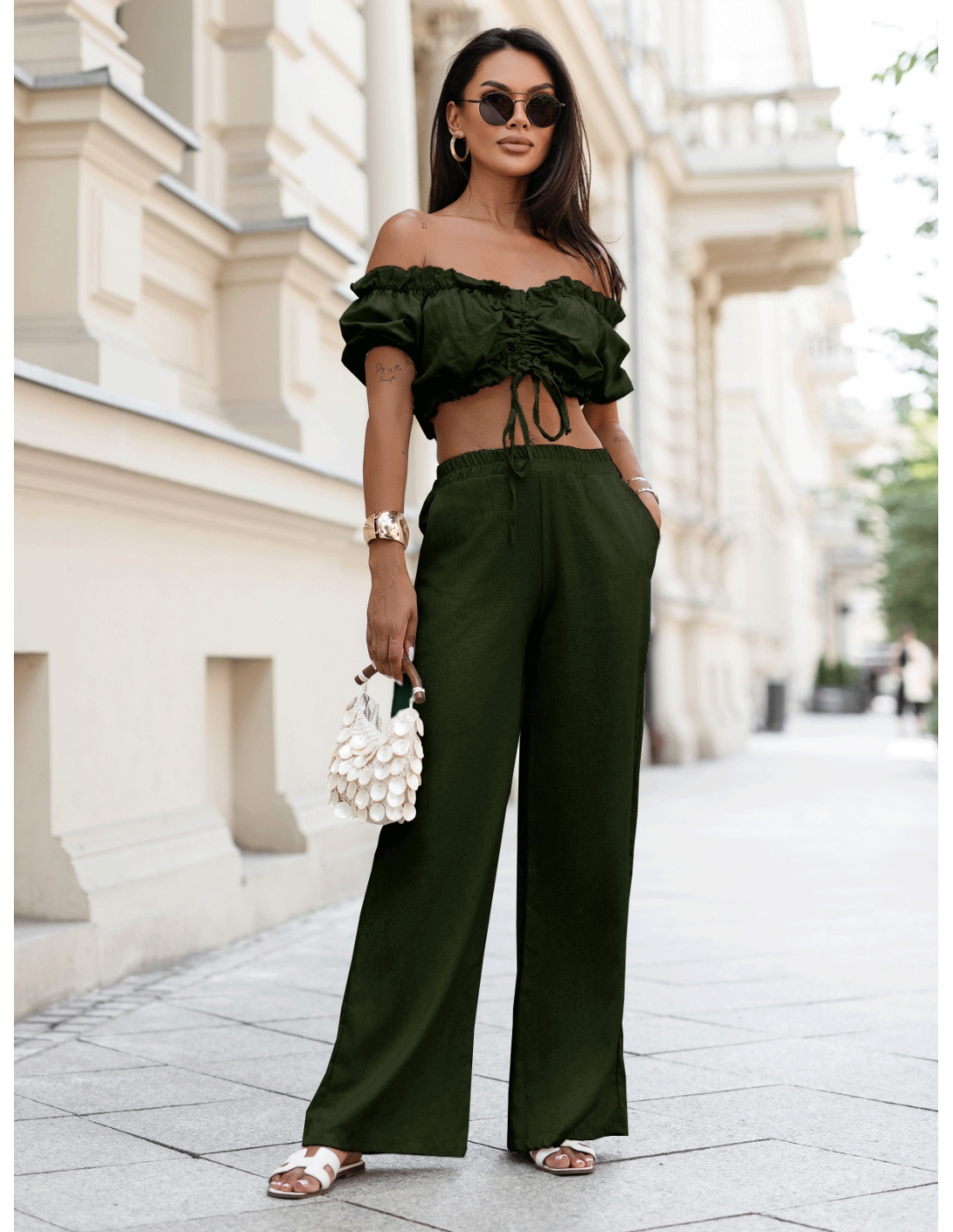 Lniany komplet crop top ze spodniami SHAYNA – khaki
