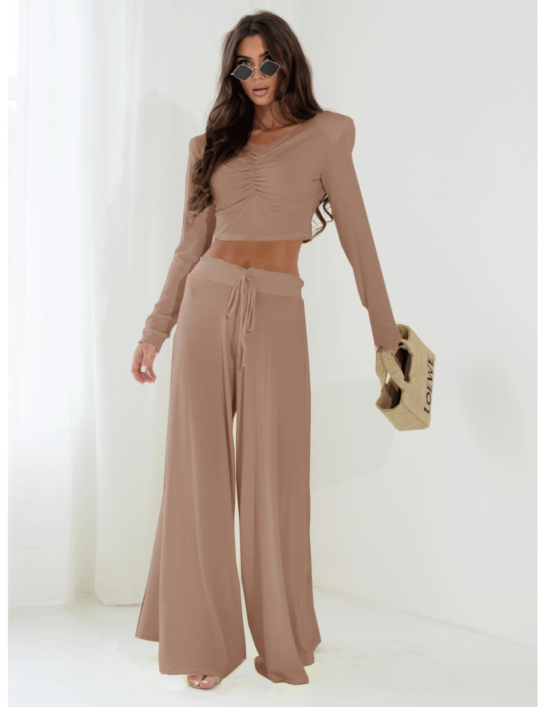 Komplet bluzka i spodnie z wiskozy THORA - cappuccino
