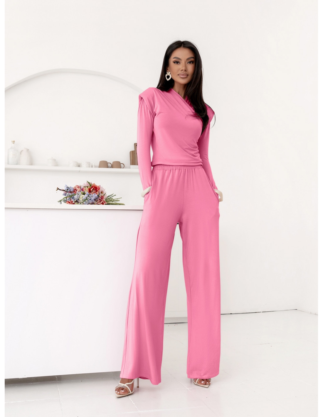 Wiskozowy komplet przekładana bluzka i spodnie LAO - pudrowy róż