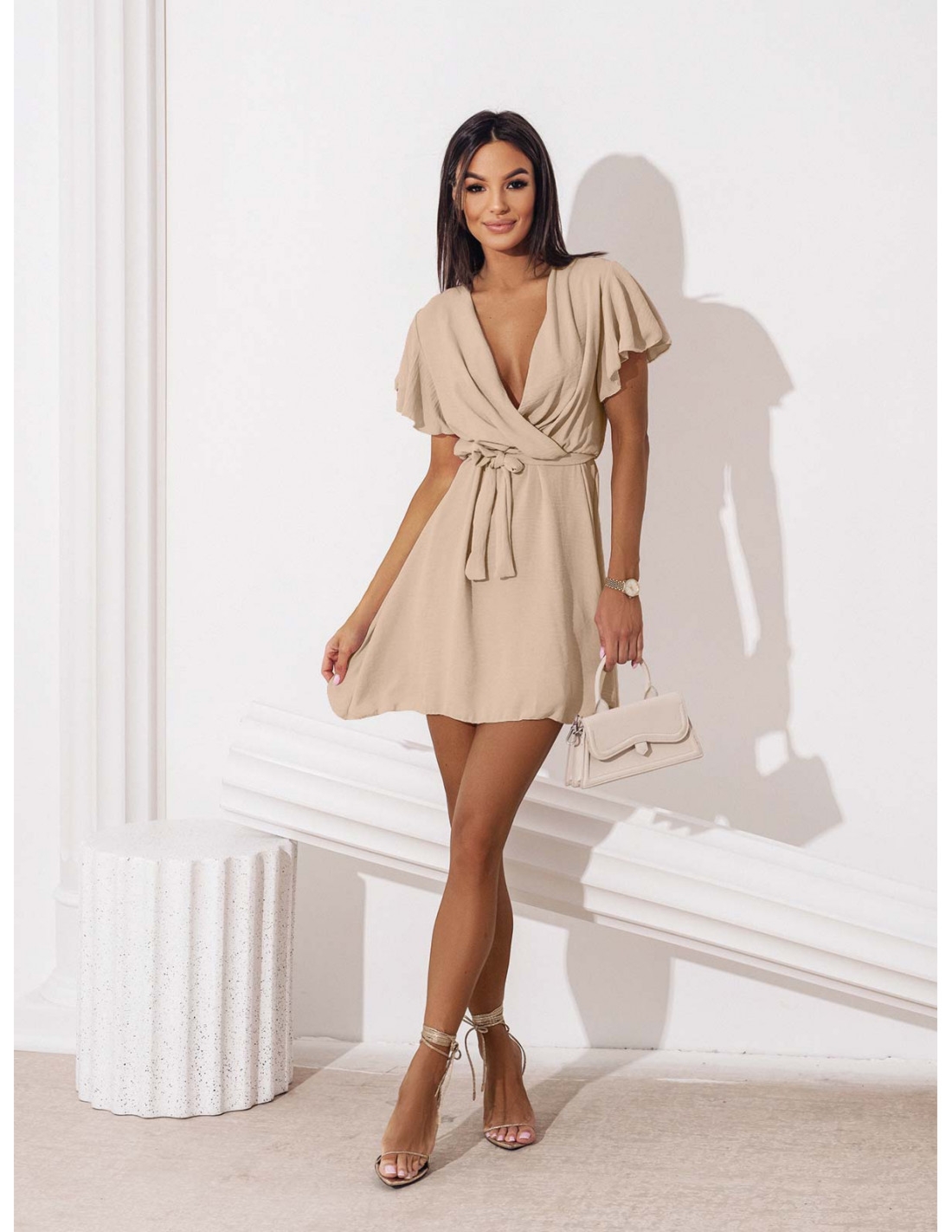 Zwiewna sukienka z kopertowym dekoltem ALICJA - beż