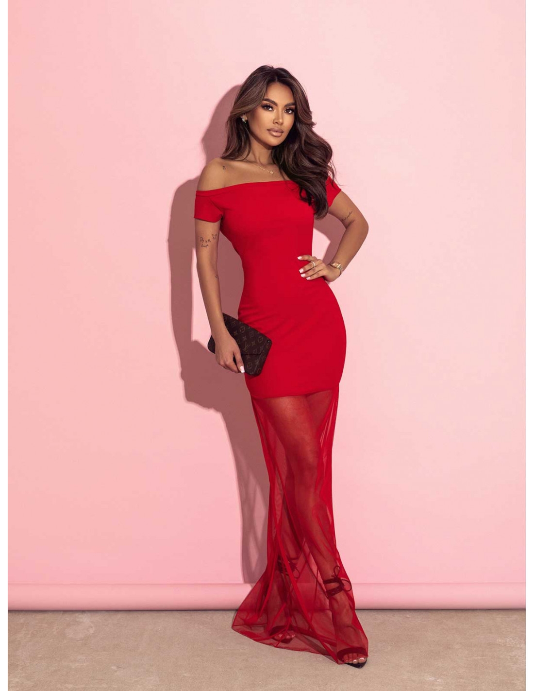 Sukienka z opuszczonymi ramionami i tiulem REVA - czerwona