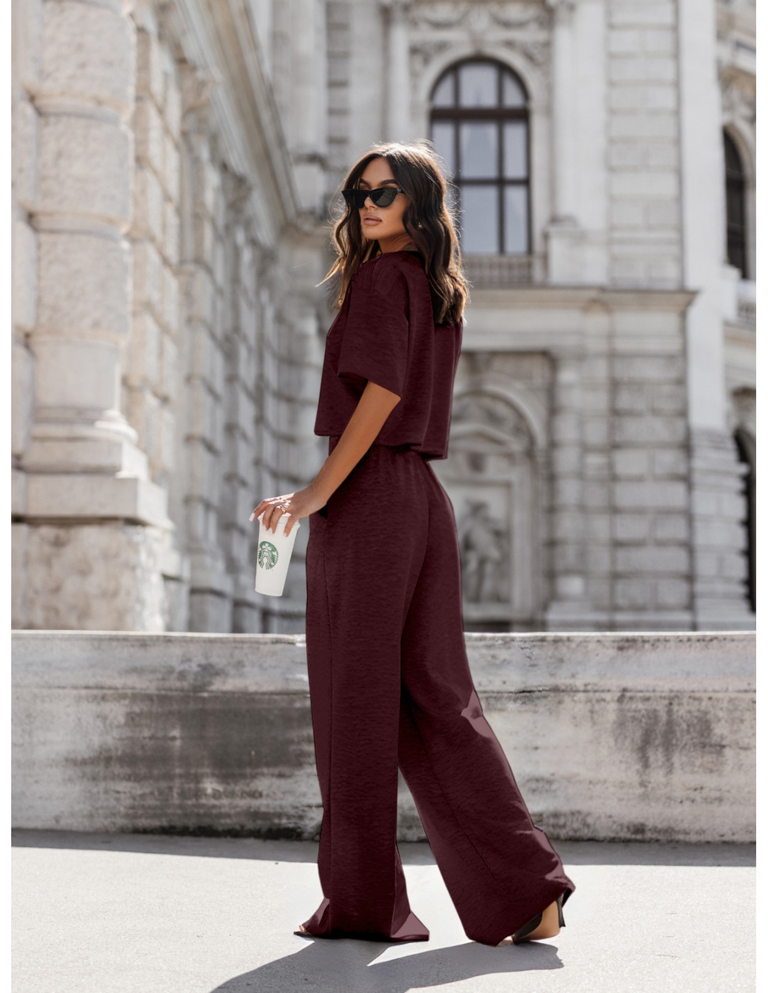 Masełkowy komplet bluzka i szerokie spodnie ATRIA - bordowy