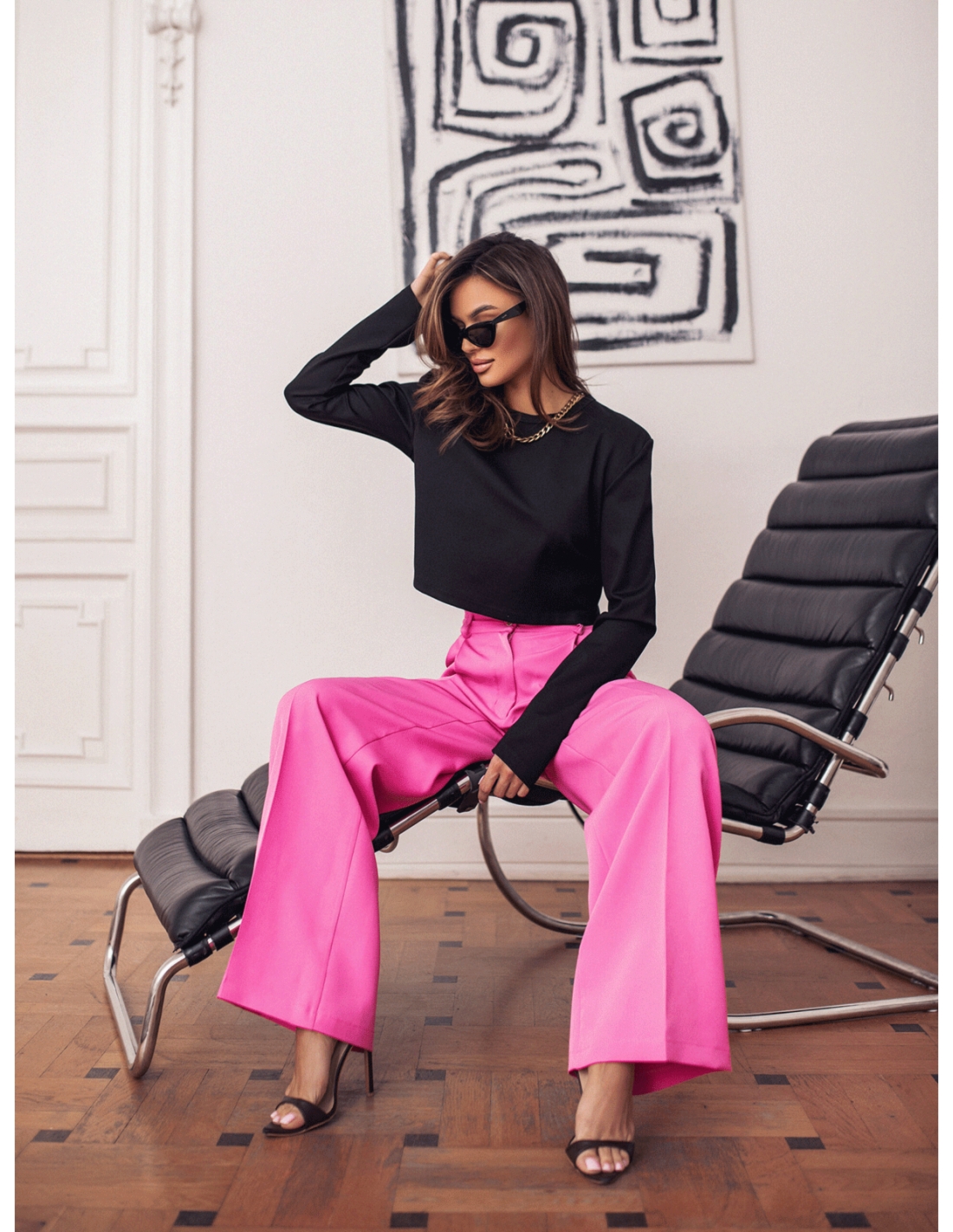 Eleganckie spodnie z szeroką nogawką ELIANNE - różowe