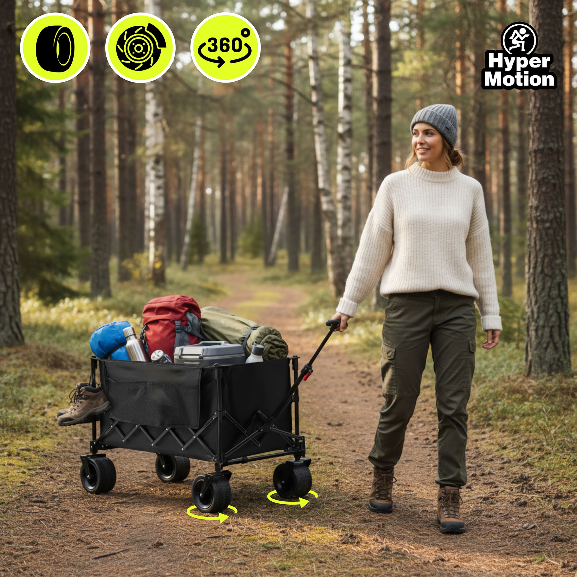 Wózek Transportowy Plażowy Turystyczny Składany Przyczepka ogrodowa HyperMotion XL 200 litrów – czarny