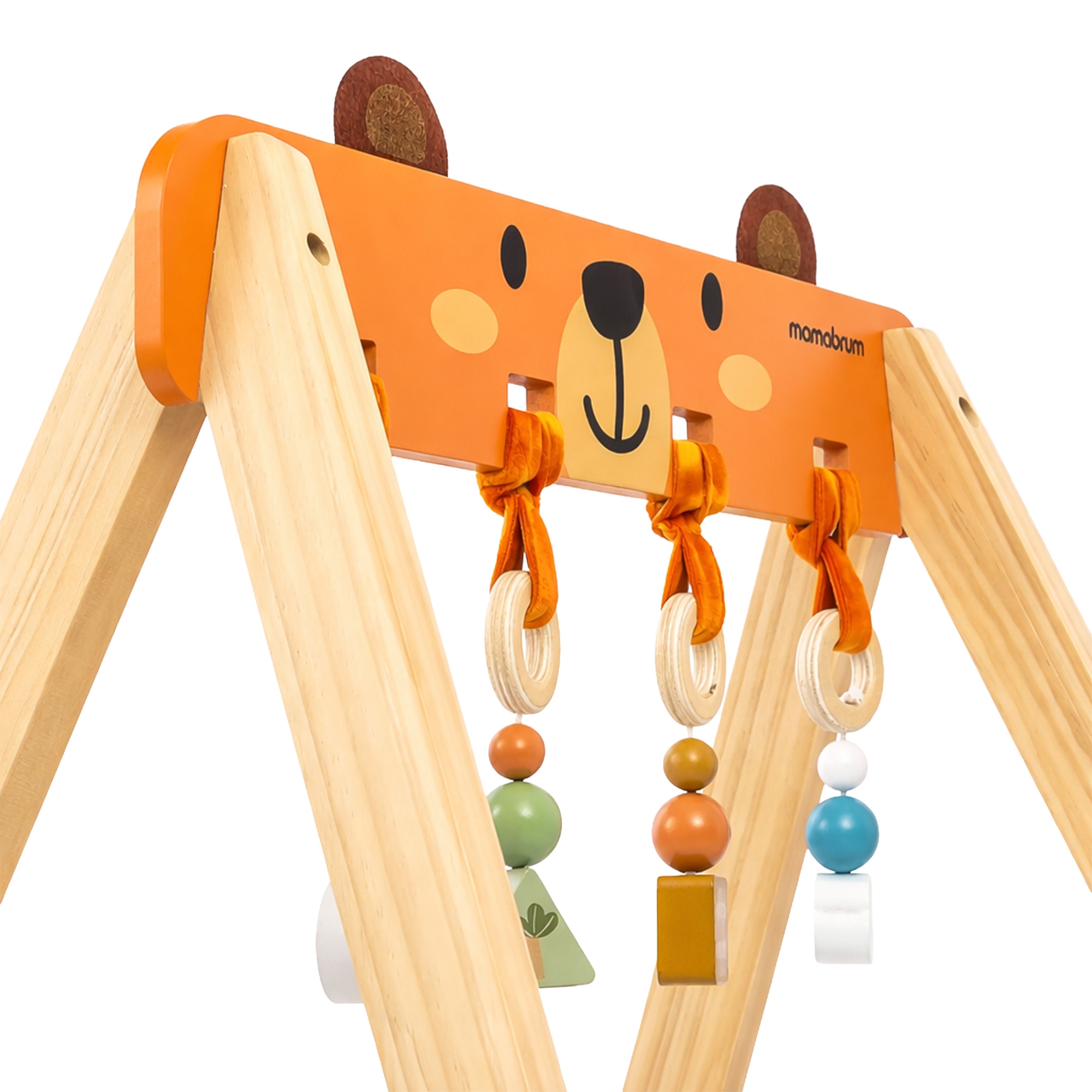 Drewniany stojak edukacyjny dla niemowląt – Baby Gym z motywem misia