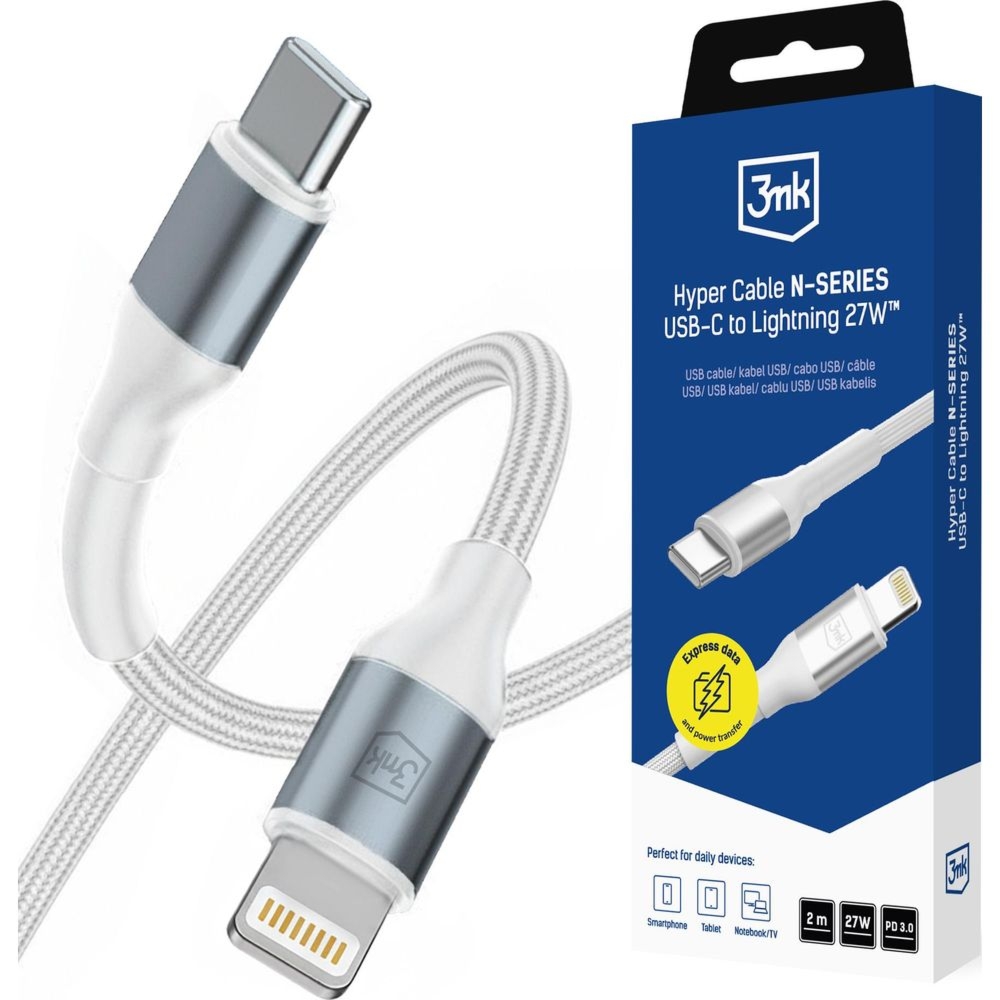 Kabel z oplotem 3mk Hyper Cable USB-C do Lightning, 27W, PD, 2 m, biały