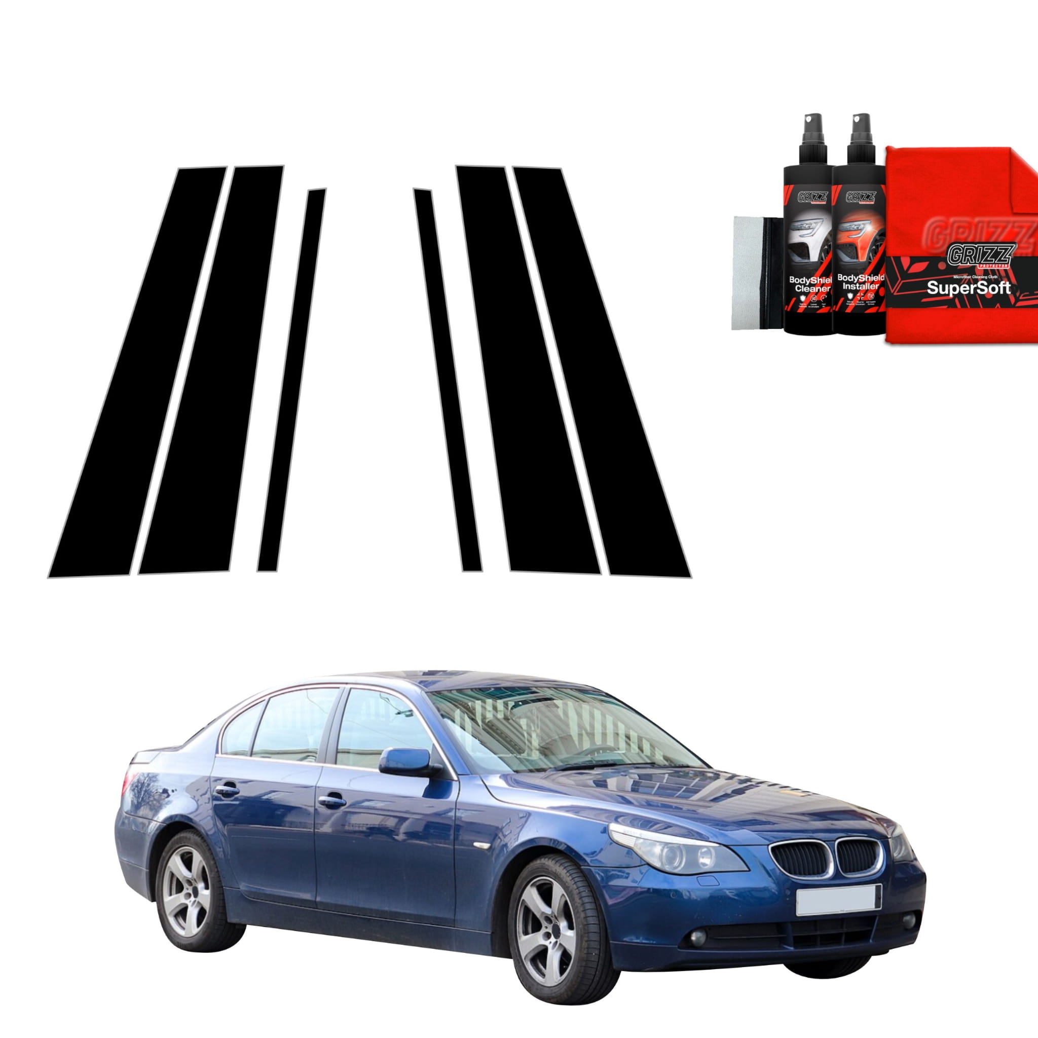 6w1 Czarna folia Grizz Protector na słupki do BMW 5 E60 Sedan PreLCI (2003-2007)