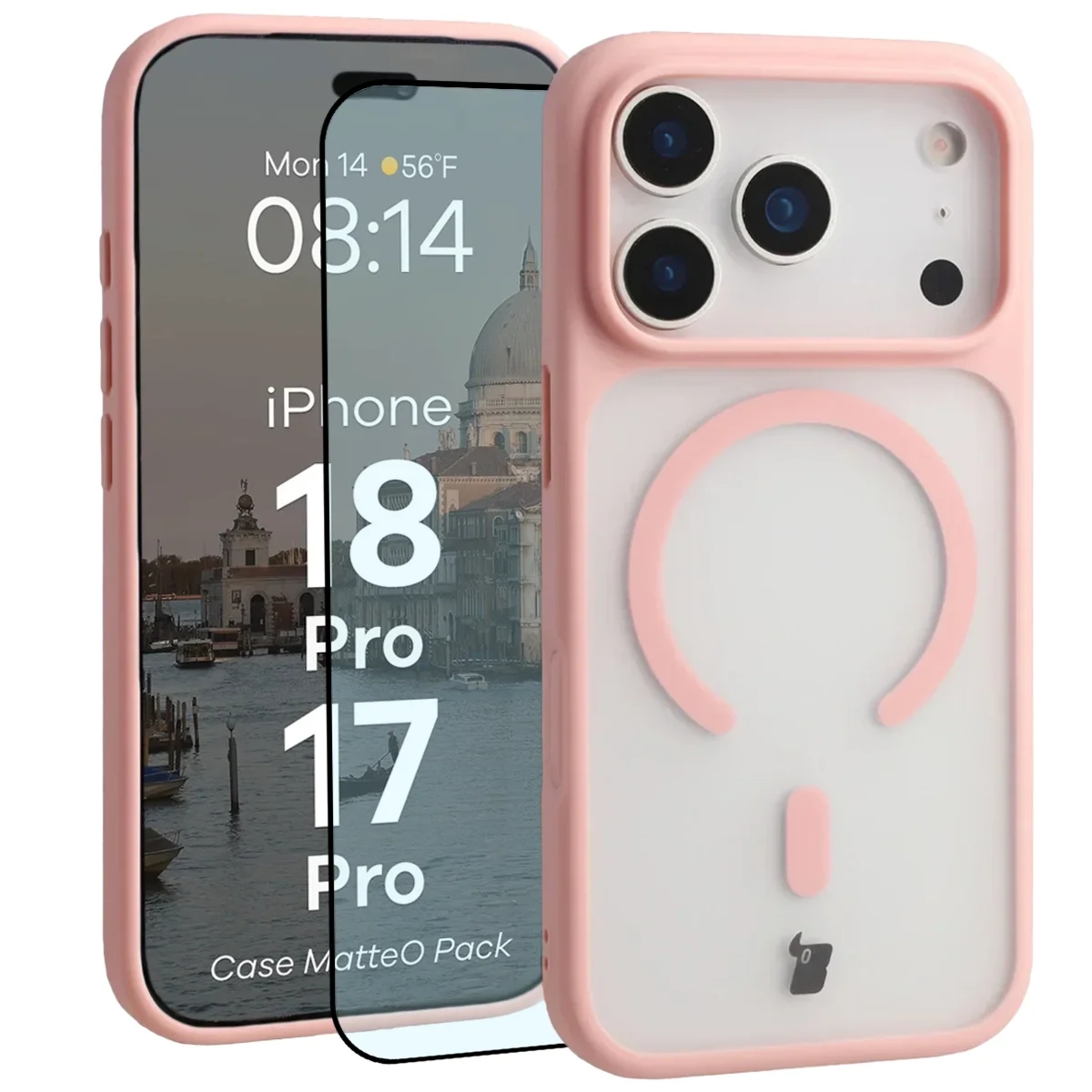 Etui z pierścieniem magnetycznym + szkło hartowane Bizon MatteO Pack do iPhone 18 Pro / 17 Pro, przydymione-jasnoróżowe