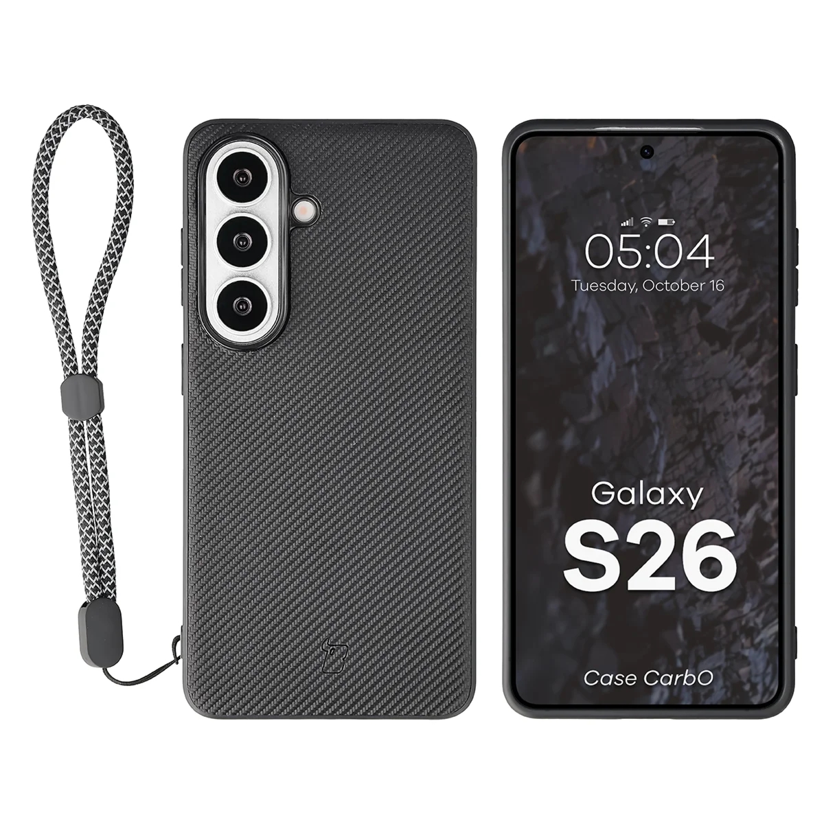 Etui ze smyczką na nadgarstek i pierścieniem magnetycznym Bizon Case CarbO do Galaxy S26, czarne