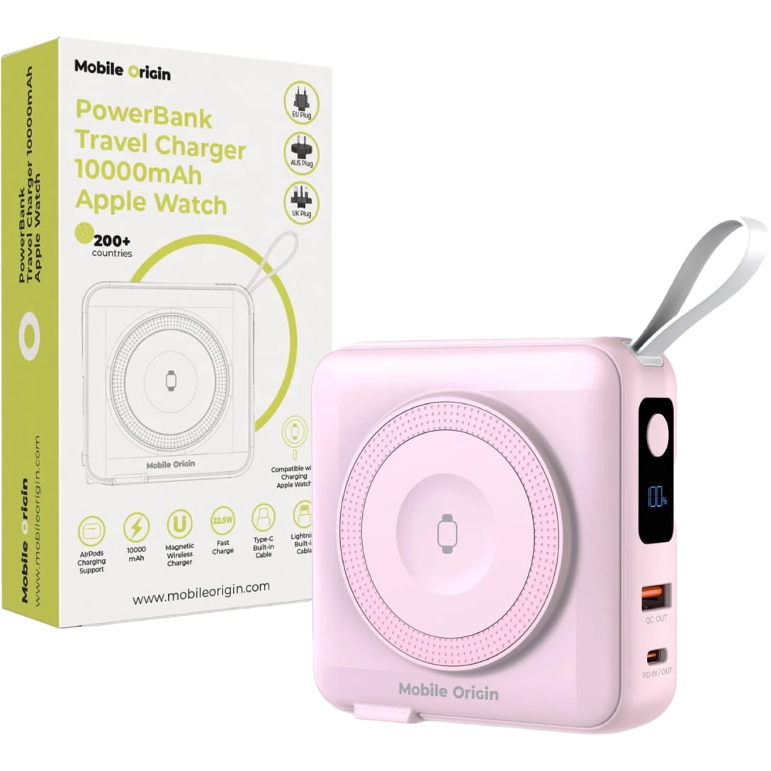Powerbank indukcyjny, podróżny z adapterami UK / EU / AUS do MagSafe, Mobile Origin, 10000mAh USB-C PD USB-A 22.5W, różowy