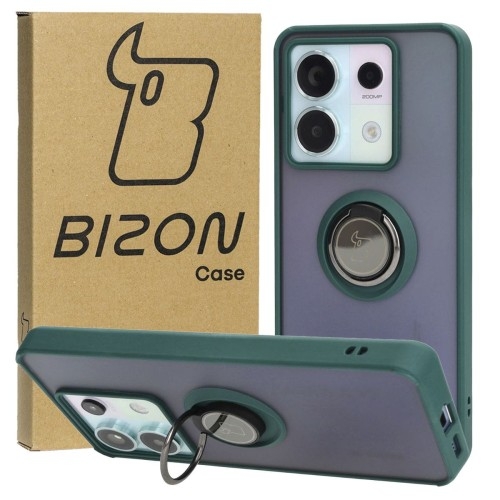Image of Etui z uchwytem na palec Bizon Case Hybrid Ring do Xiaomi Poco X6 / Xiaomi Redmi Note 13 Pro 5G, przydymione z ciemnozieloną ramką